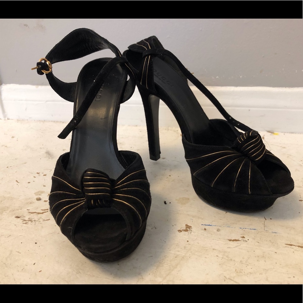 Gucci Black Suede & Gold Platforms